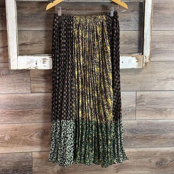 Vintage TRIO NY Peasant Pleated Patchwork Maxi Skirt Yellow Green,Black Size 8 - Picture 3 of 11